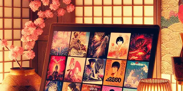 A traditional Japanese room featuring a laptop displaying iconic AV movie covers, adorned with cherry blossoms and sake cups.