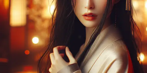 A seductive character with long black hair in an intimate, elegantly decorated room filled with warm colors.