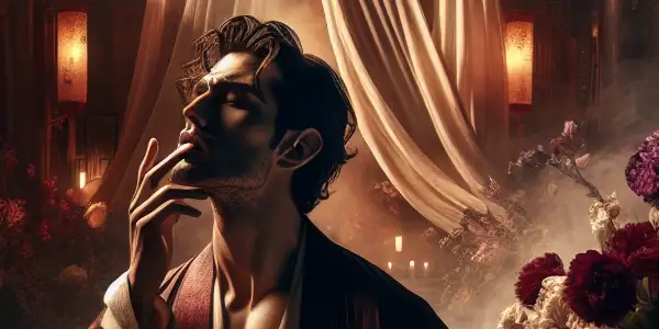 A passionate male figure in traditional attire, surrounded by elegant Chinese architecture, symbolizing obsession and desire.