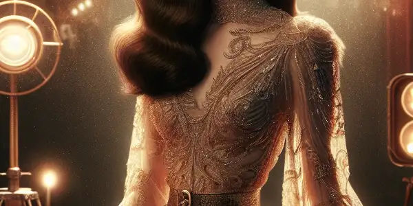 A glamorous Korean actress in a revealing outfit on a luxurious film set, surrounded by cinematic elements.