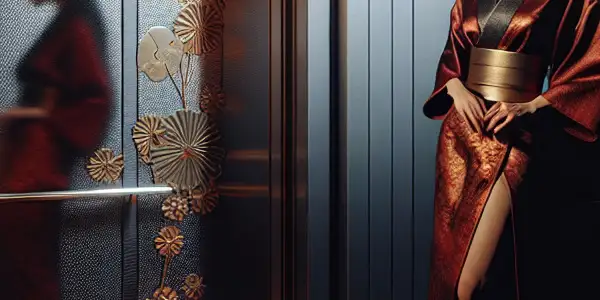 A mysterious woman in a modern elevator, embodying intrigue and seduction amidst a moody, intimate atmosphere.