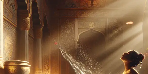 A serene figure in traditional Indian attire enjoys a luxurious bath in an ornate, exotic setting.