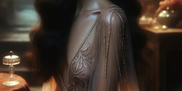A mysterious, alluring woman in a translucent gown, surrounded by soft lighting and romantic decor, evokes elegance and sensuality.<a href=