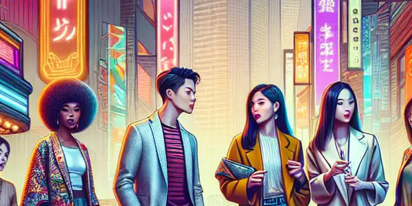 A lively urban scene depicting stylish young adults in Tokyo, exploring Asian adult entertainment culture amidst neon lights and cultural elements.