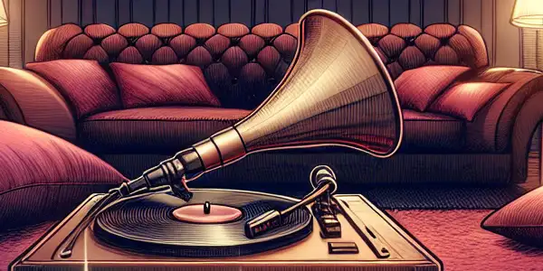 A cozy, dimly lit room with an audio device, erotic book covers, and a romantic silhouette on screen.