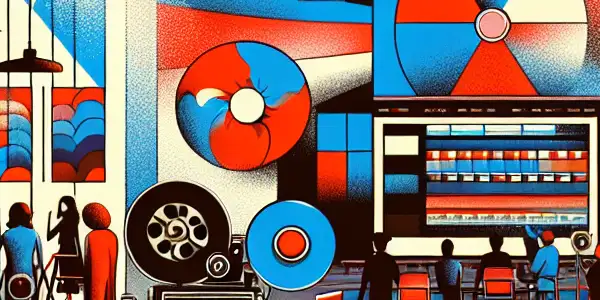 A vibrant 1980s Japanese film studio set with vintage cameras, bright lights, and eclectic props for diverse narratives.