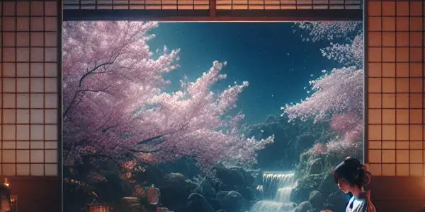 A serene Japanese-inspired setting with intimate characters, evoking soft eroticism and cinematic allure.