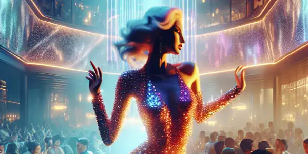 A lively Las Vegas strip club scene featuring a captivating performer, neon lights, and patrons enjoying adult entertainment.<a href=