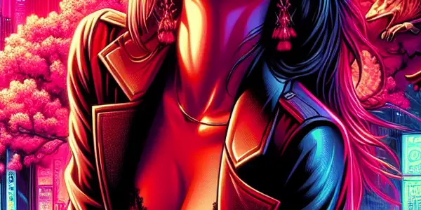 A confident female character named Annie in a vibrant neon-lit cityscape, blending American and Japanese aesthetics.