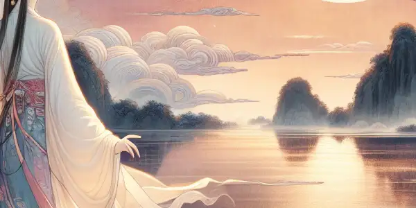 A contemplative figure in silk garments stands amidst vibrant flowers and swirling clouds at dusk, evoking beauty and desire.