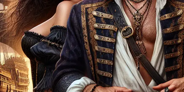 A charismatic pirate captain and a daring female pirate on a tropical beach, with a majestic ship and scattered treasure.