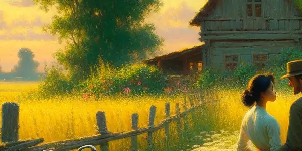 A couple shares an intimate moment in a lush rural landscape, surrounded by wildflowers and a rustic farmhouse.