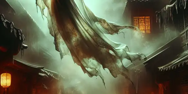 A ghostly figure in a tattered garment floats through a foggy, dimly lit Hong Kong alley, surrounded by lanterns.