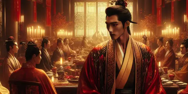 A lavish Ming Dynasty banquet scene featuring a charismatic figure and elegantly dressed guests, evoking themes of desire and indulgence.