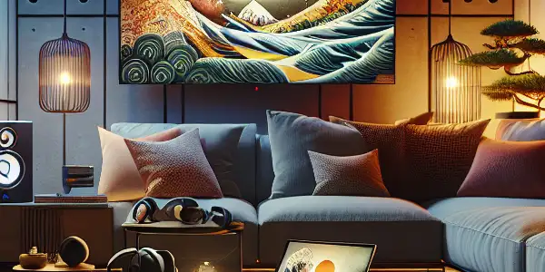 A cozy, dimly lit room with plush furnishings, a large TV, and hints of Japanese culture, promoting relaxation.