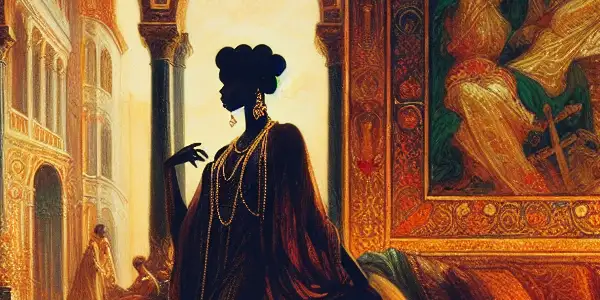 A sensual figure poses elegantly in a richly decorated Renaissance interior, blending classical and modern erotic themes.