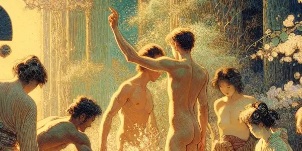 A serene and intimate scene celebrating diverse human beauty, nature, and cultural motifs, evoking warmth and sensuality.