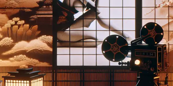 An intimate Japanese-themed room featuring a vintage projector displaying classic AV film scenes, surrounded by elegant decor.