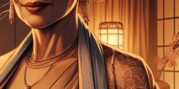 A sophisticated elderly woman exuding confidence in an intimate, warmly lit setting with vintage decor.