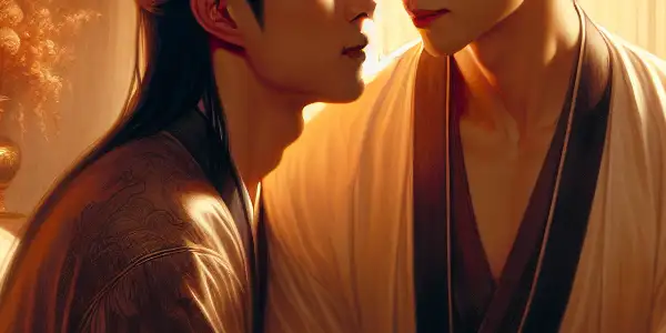 Two male characters in a tender embrace, surrounded by a romantic, luxurious bedroom atmosphere.