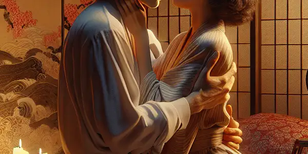 A passionate couple embraces in a dimly lit, elegantly decorated Japanese room, evoking intimacy and allure.