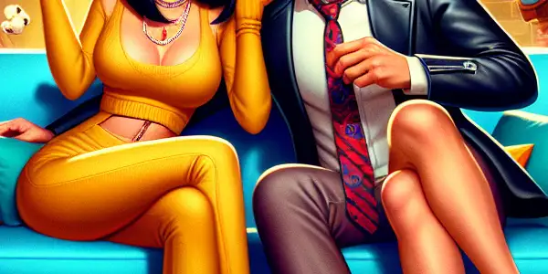 A lively living room filled with quirky characters, playful props, and a humorous atmosphere reminiscent of an adult comedy show.