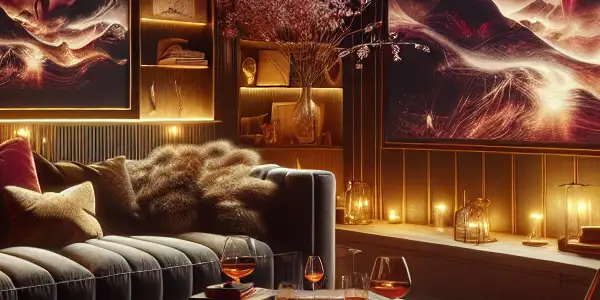 A cozy, intimate room with a plush sofa, warm lighting, and a large screen displaying abstract visuals.